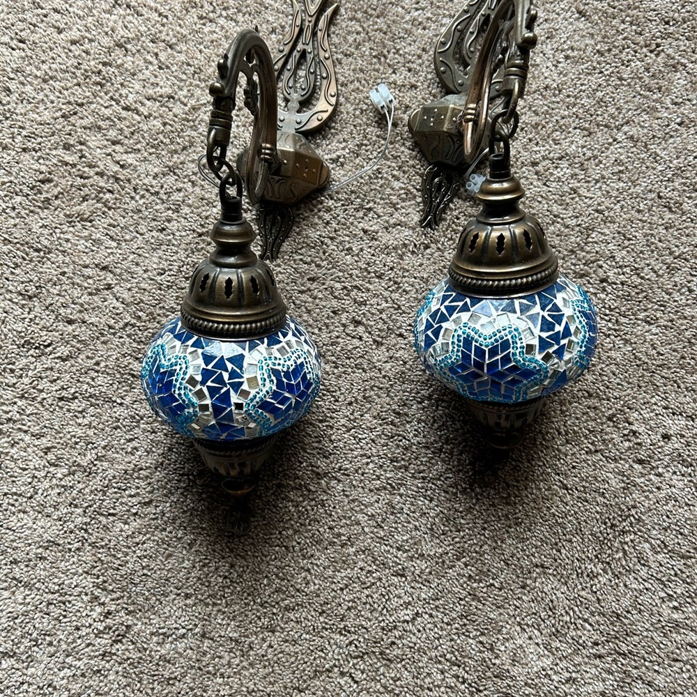 Blue & White Moroccan Mosaic Wall Sconces – Set of 2 –Handmade, Unique Lighting